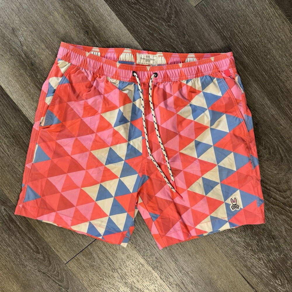 Psycho Bunny Pink M Swim Shorts Mens Colorful Geometric BATHING SUIT logo